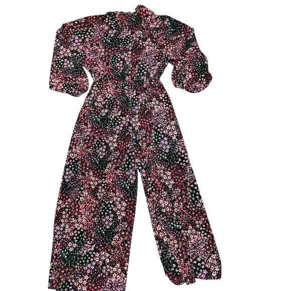 Zara floral pink black wide leg jumpsuit stretchy size women's small v-neck - Picture 2 of 5
